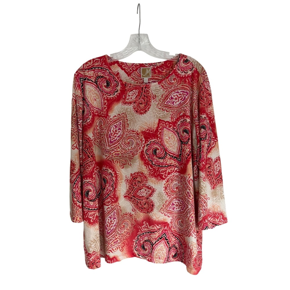 JM Collection Woman Red Paisley 3/4 Sleeve Scoop Neck Top Blouse 1X